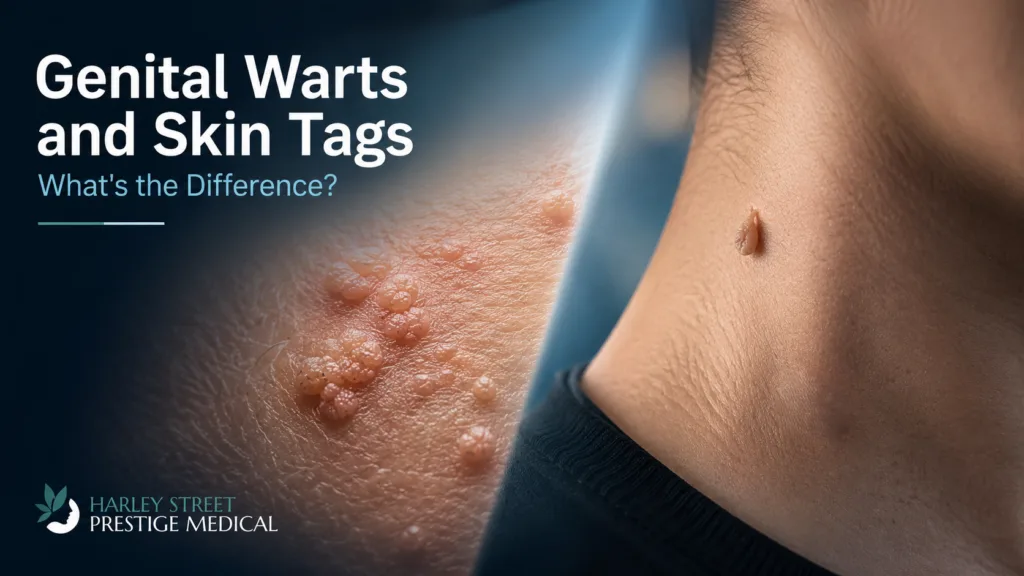 Close-up comparison of genital warts (clustered bumpy lesions) versus a single skin tag on skin, illustrating the key differences between genital warts and skin tags