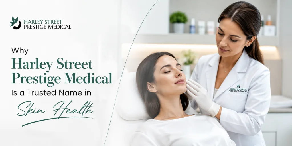 Woman receiving professional facial skin treatment from a gloved practitioner at Harley Street Prestige Medical clinic in London