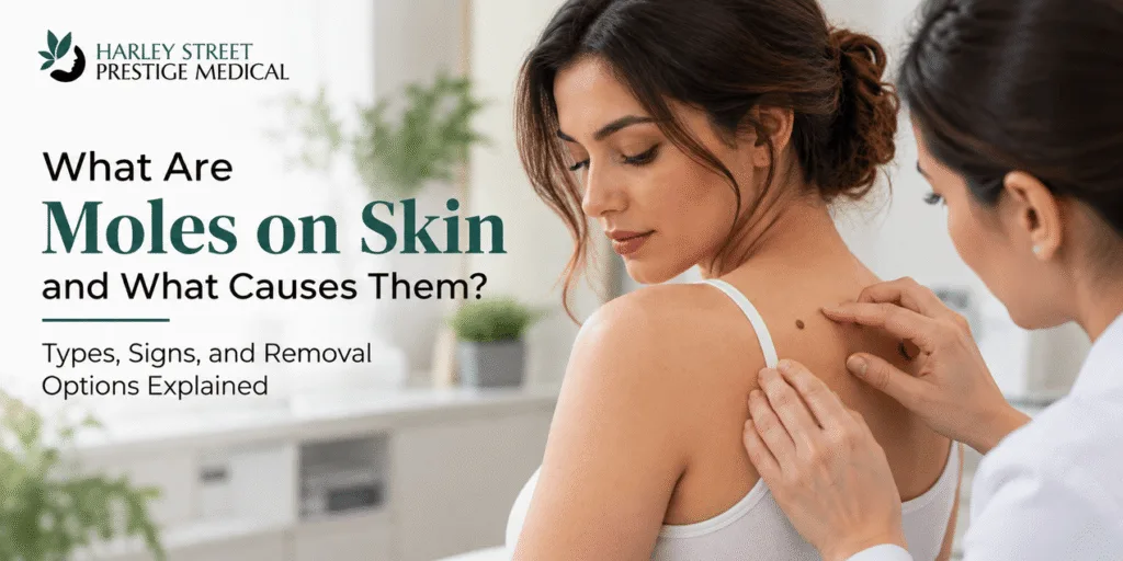 Dermatologist examining a mole on a woman’s skin during a skin assessment