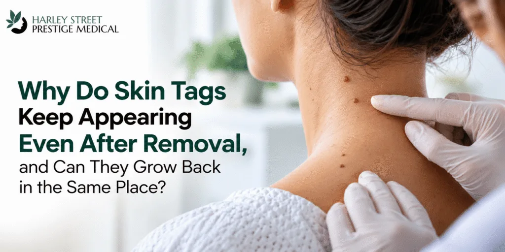 Gloved clinician examining multiple skin tags on a patient’s neck and upper back after previous removal